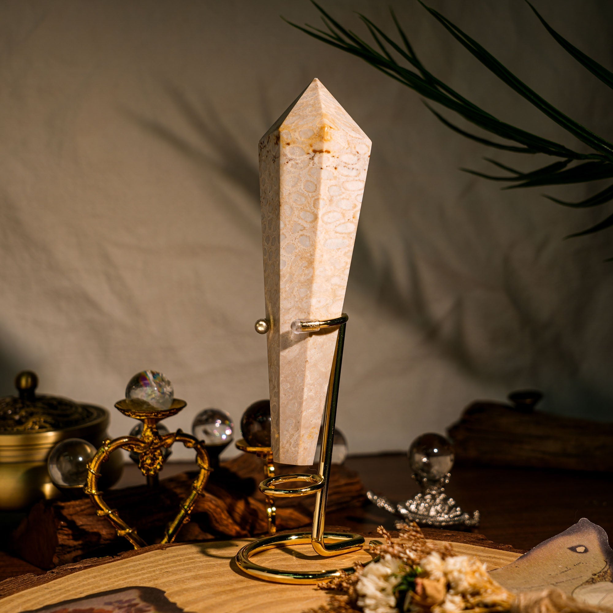 Coral Jade Fossil Wand Ornament - helmsman - crystal