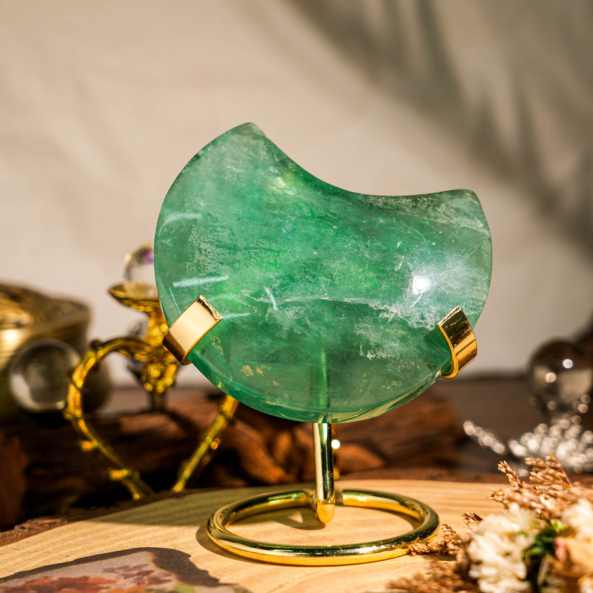 Green Fluorite Moon Ornament - helmsman - crystal