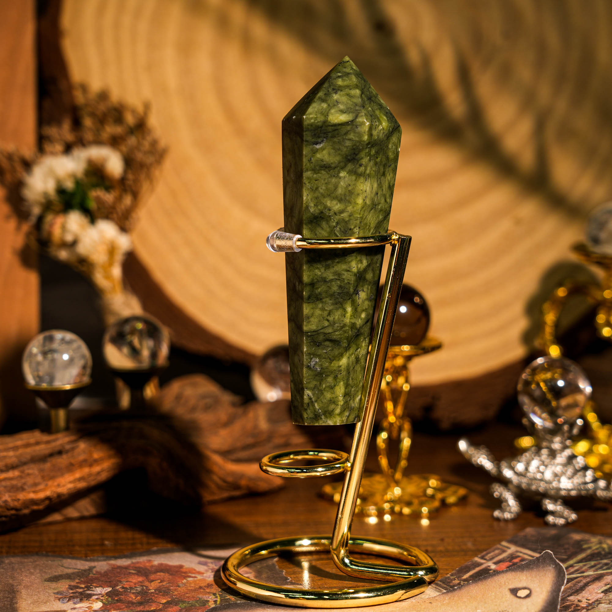 Green Serpentine Wand Ornament - helmsman - crystal