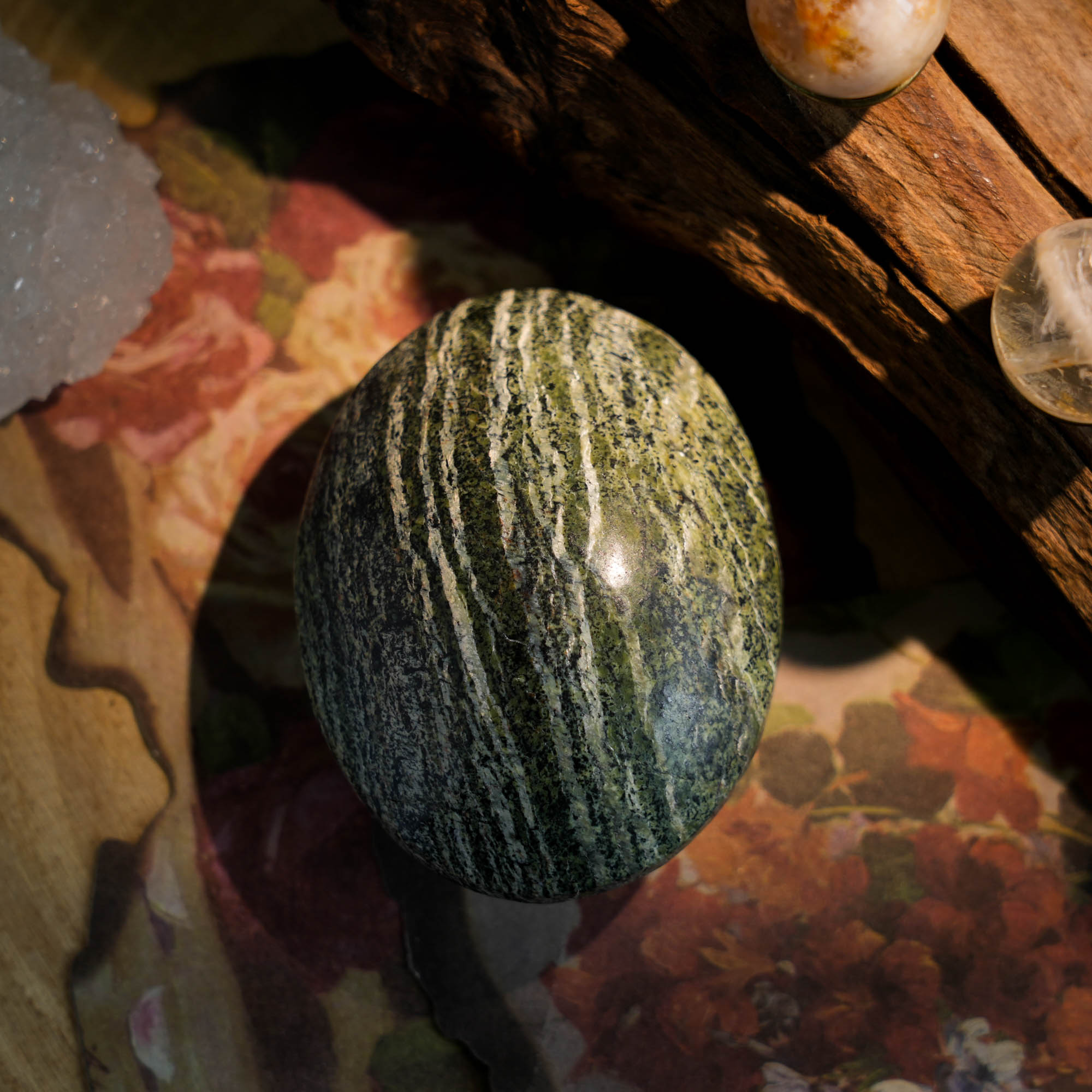 Green Zebra Jasper Palm Stone - helmsman - crystal