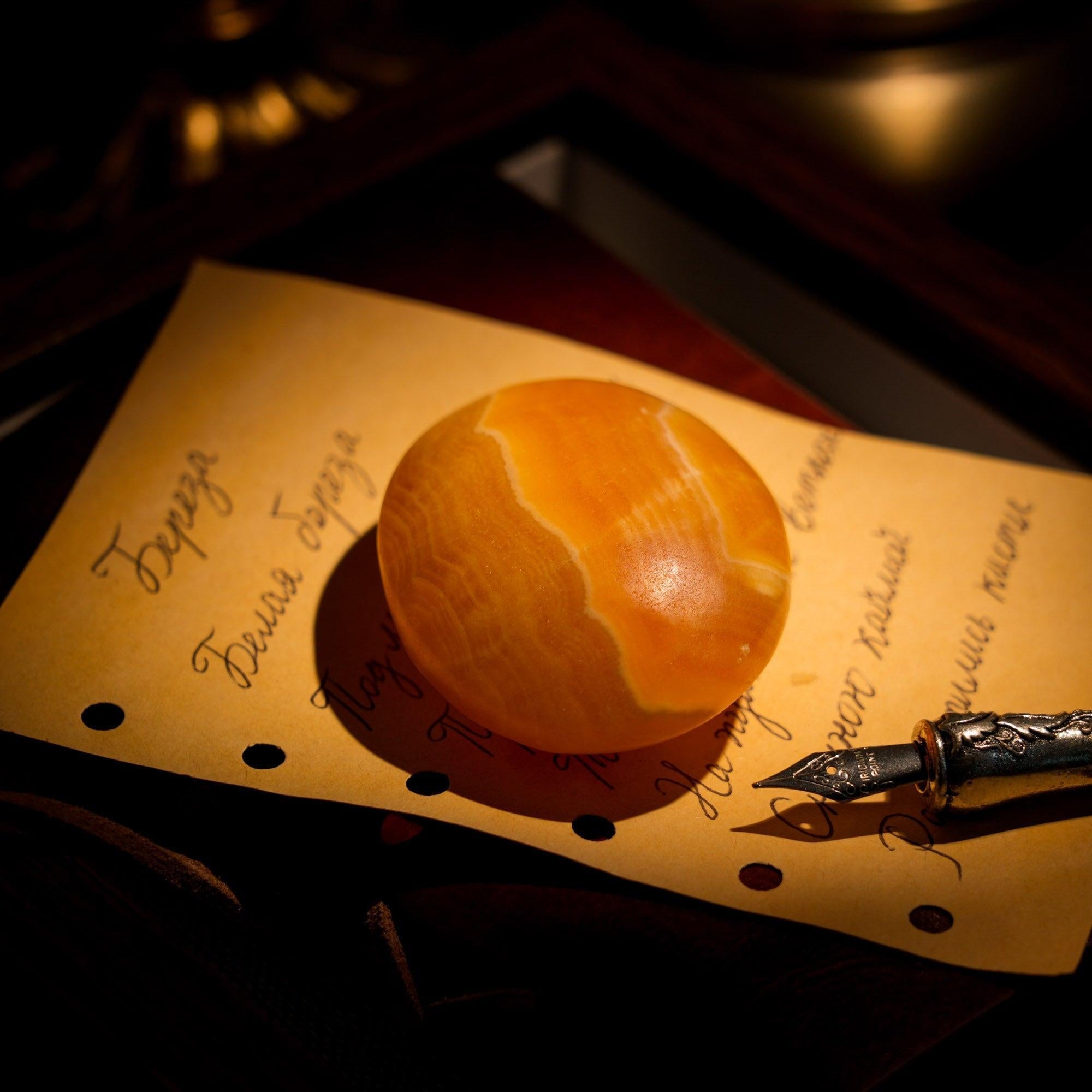 Yellow Calcite Palm Stone - helmsman - crystal