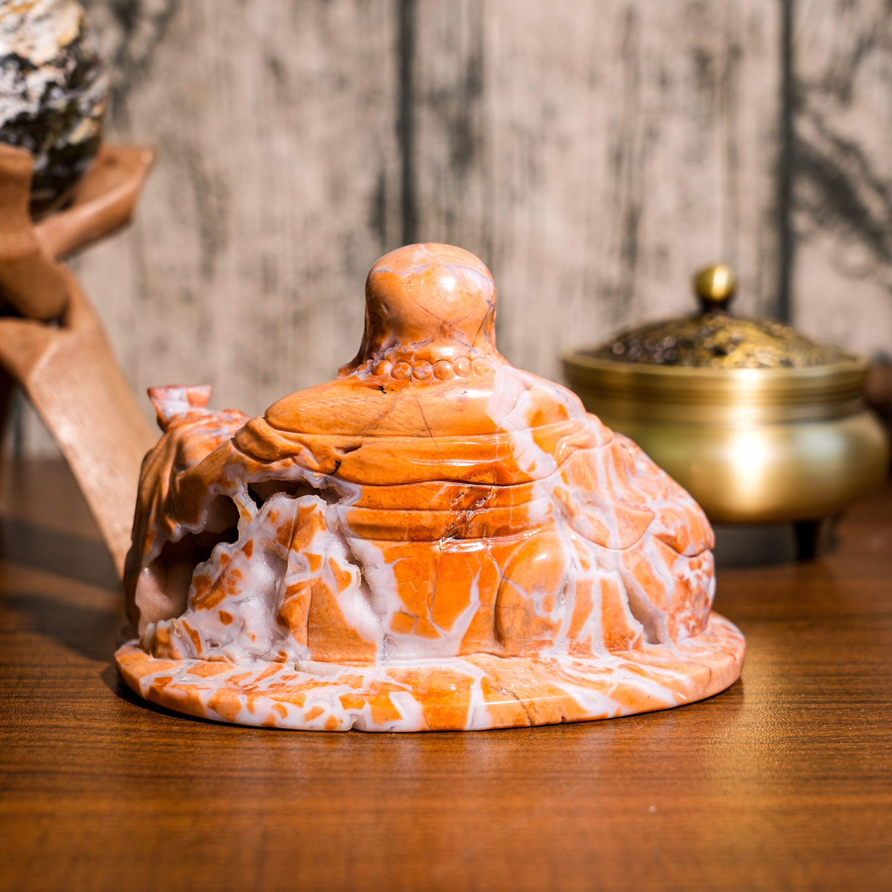 Pink Agate Maitreya Buddha Carving-Helmsman Crystal