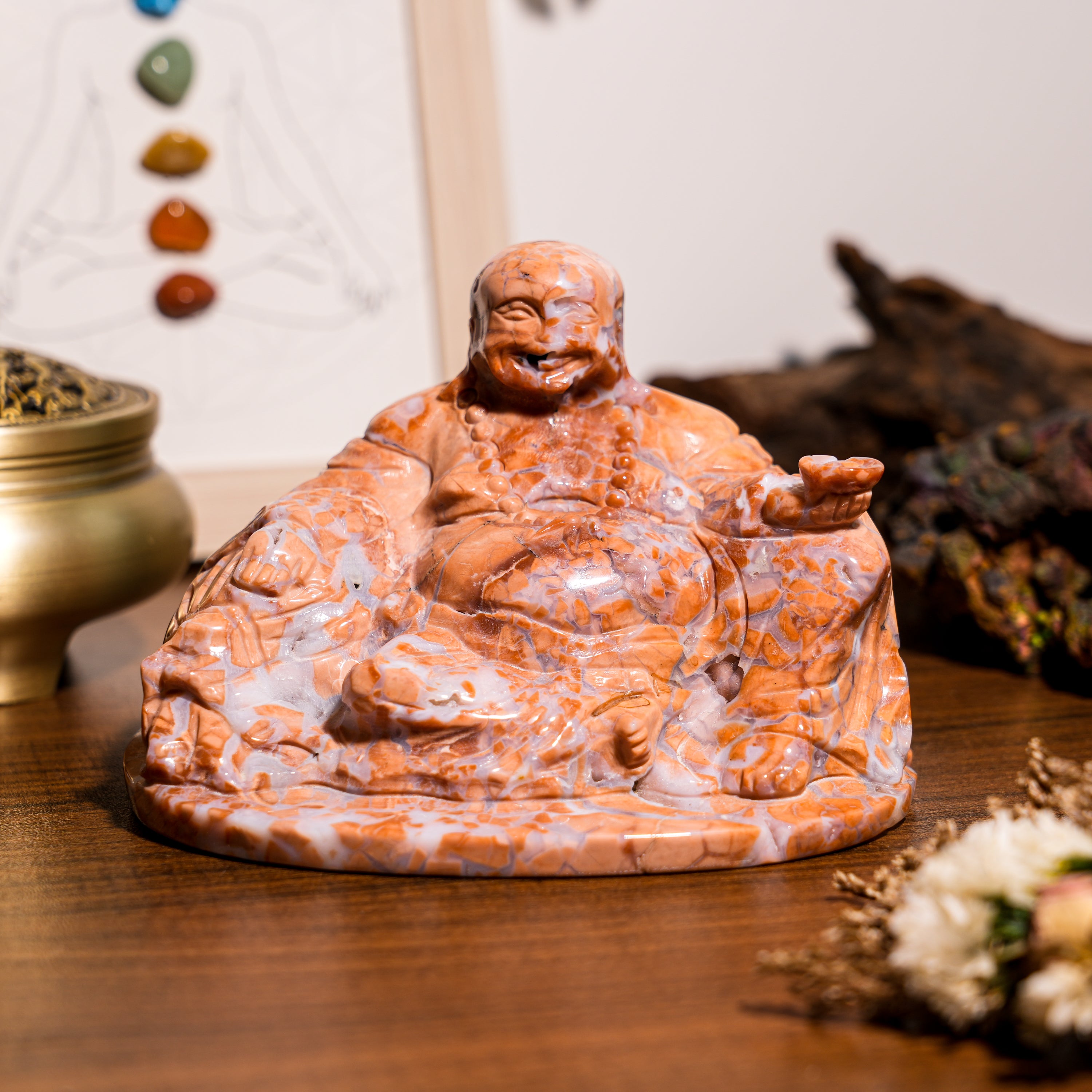 Pink Agate Maitreya Buddha Carving-Helmsman Crystal