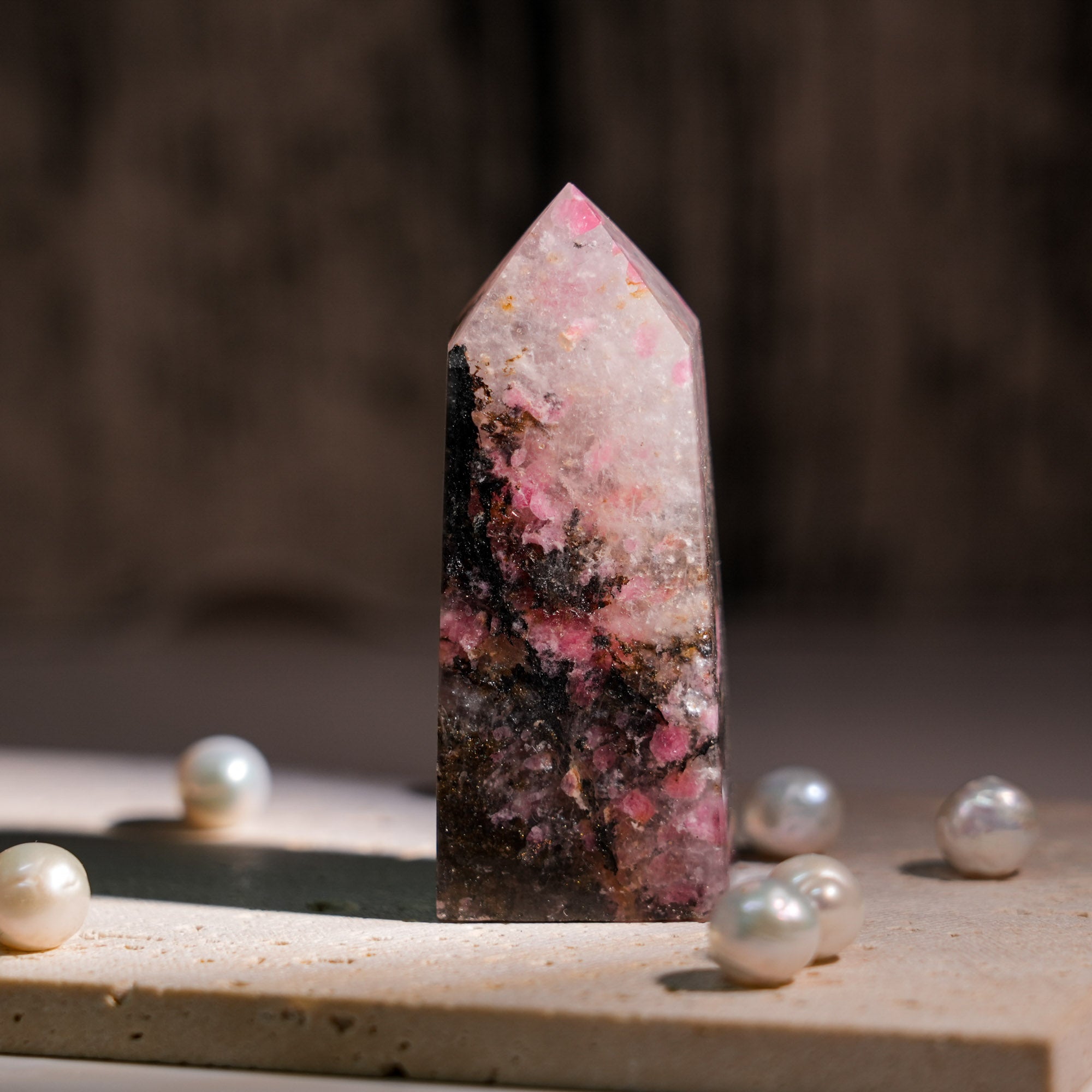 Black Rhodonite Tower - helmsman - crystal