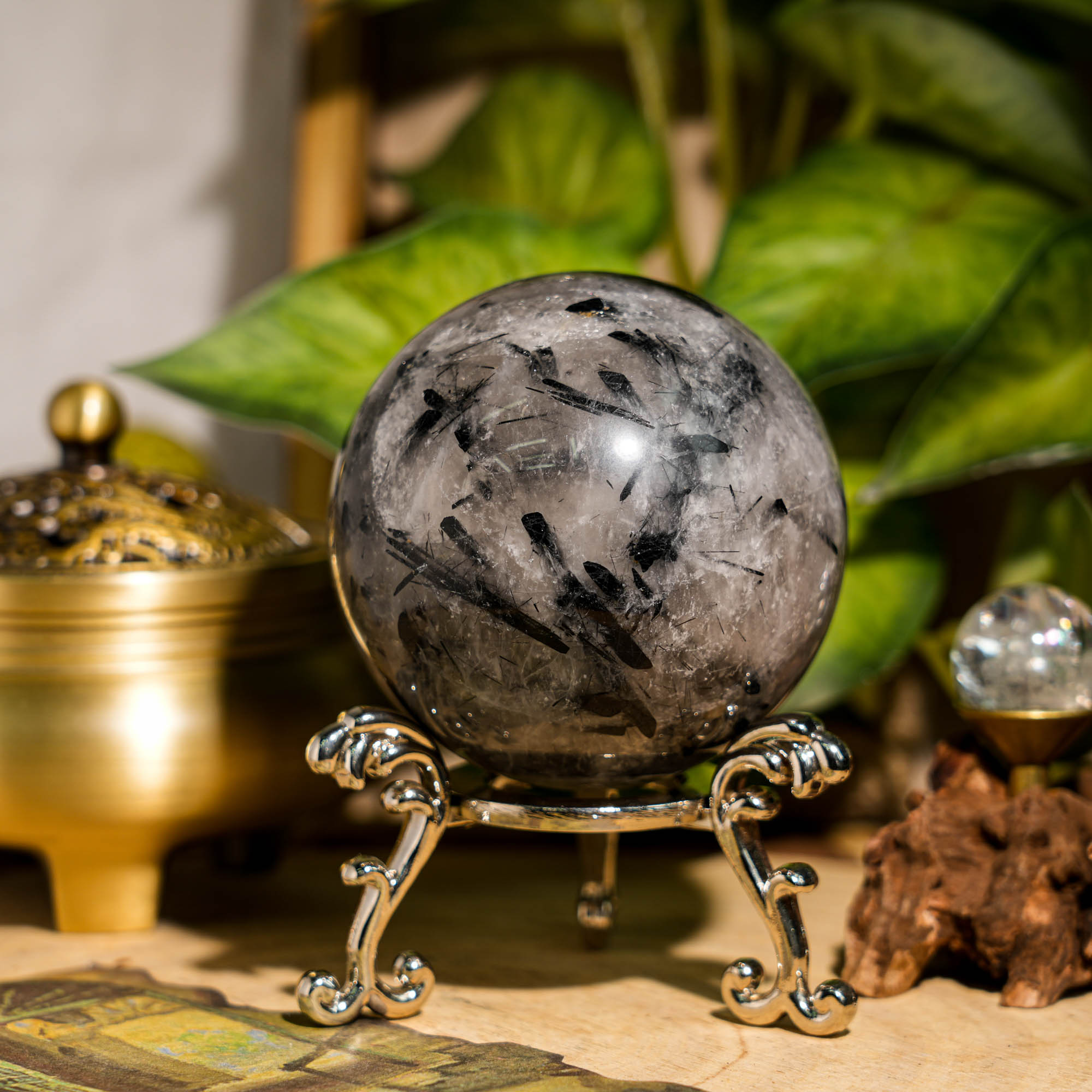 Black Rutilated Quartz Sphere - helmsman - crystal