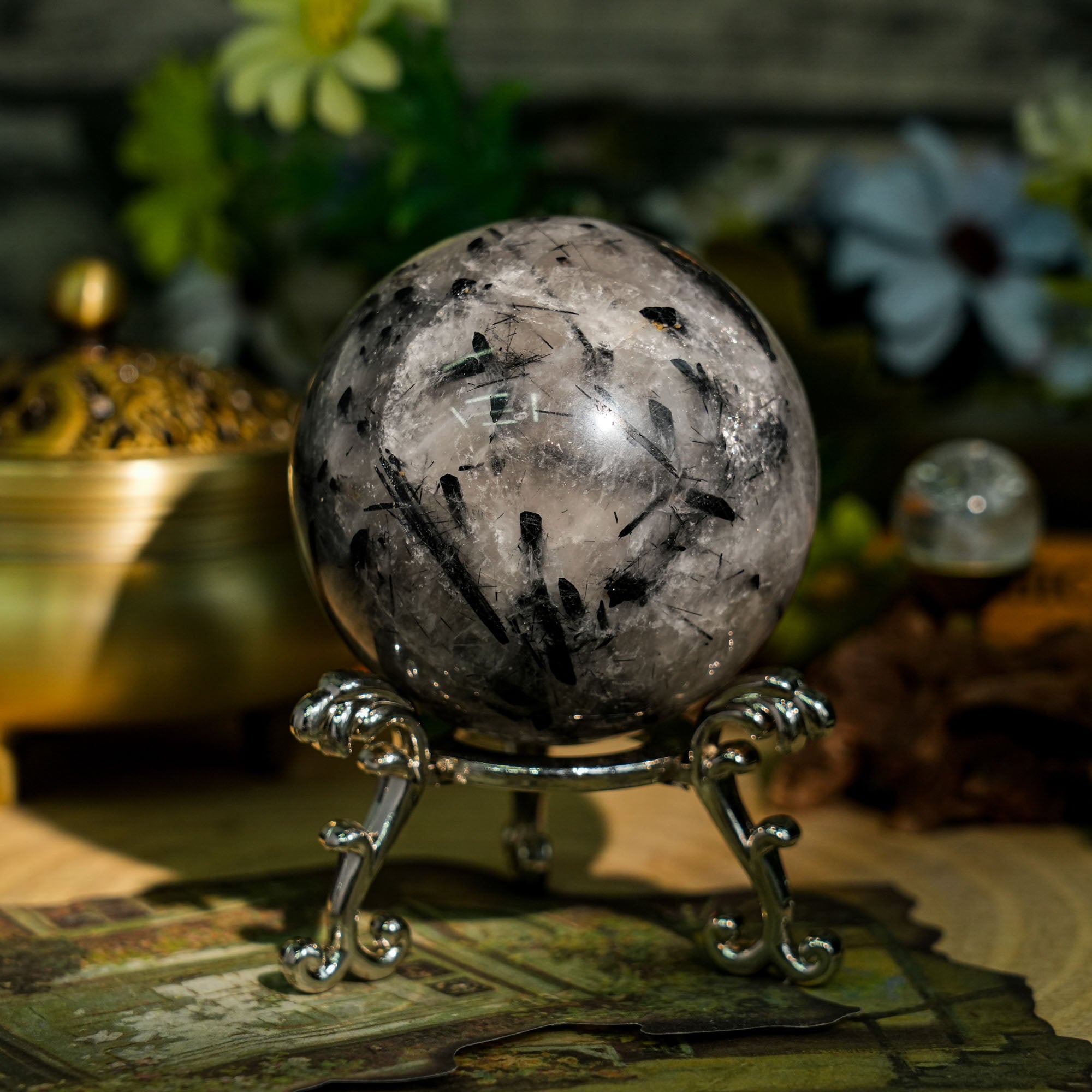 Black Rutilated Quartz Sphere - helmsman - crystal