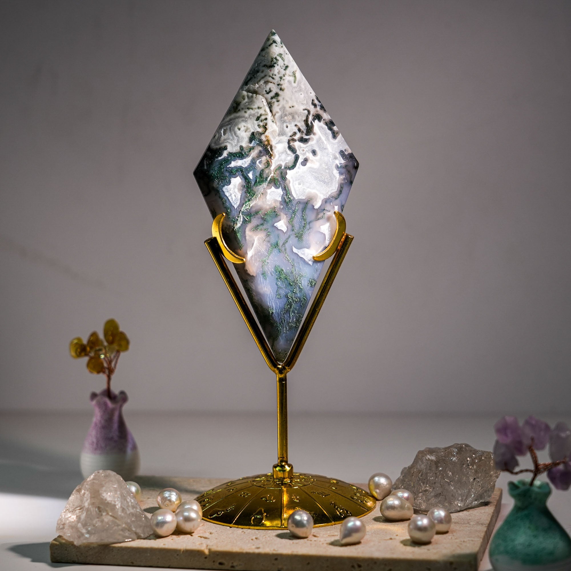 Moss Agate Diamond Ornament - helmsman - crystal