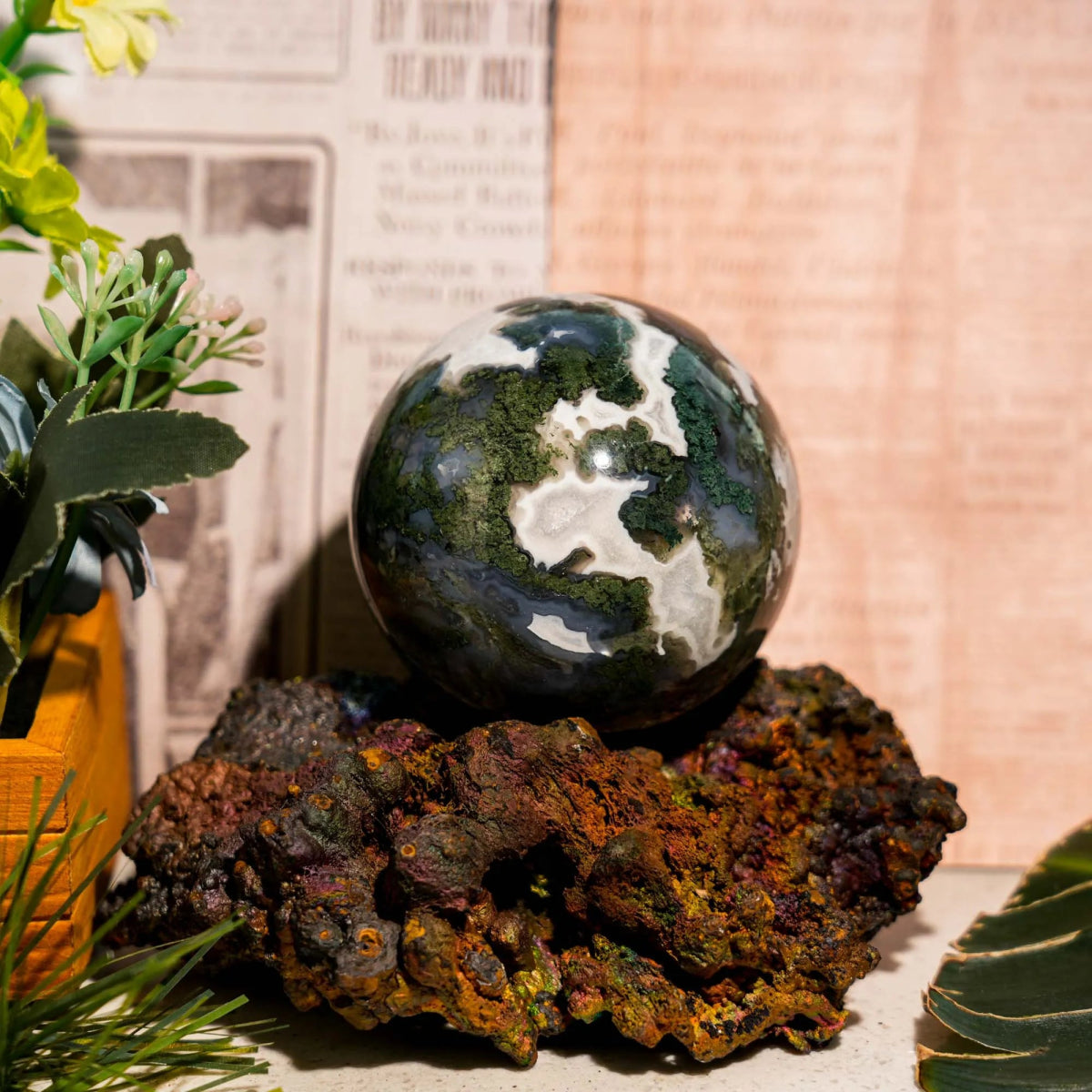 Moss Agate Sphere - helmsman - crystal