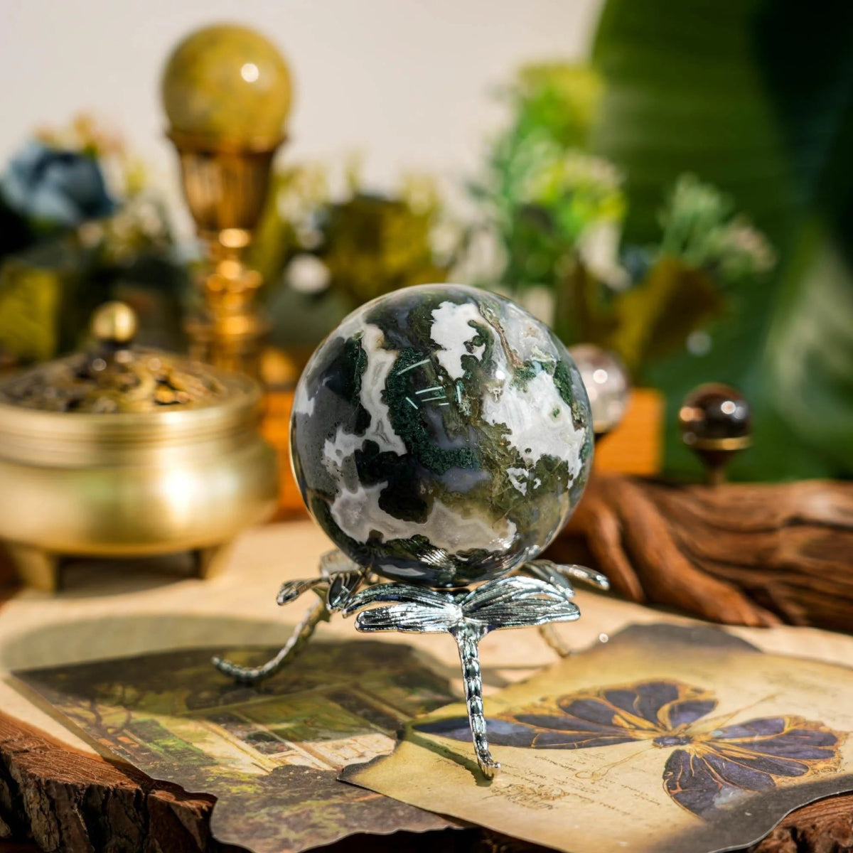 Moss Agate Sphere - helmsman - crystal