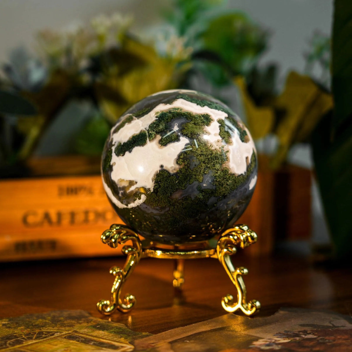 Moss Agate Sphere - helmsman - crystal
