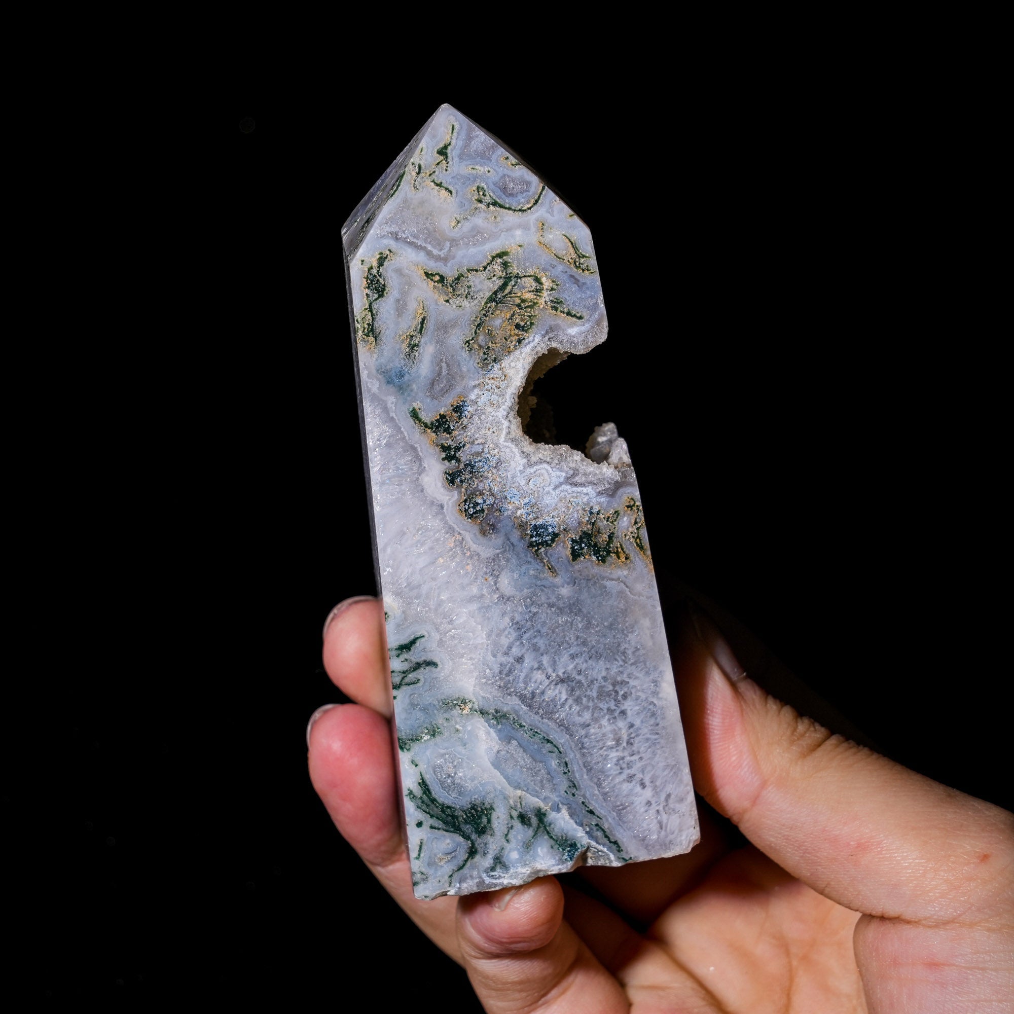 Moss Agate Tower - helmsman - crystal