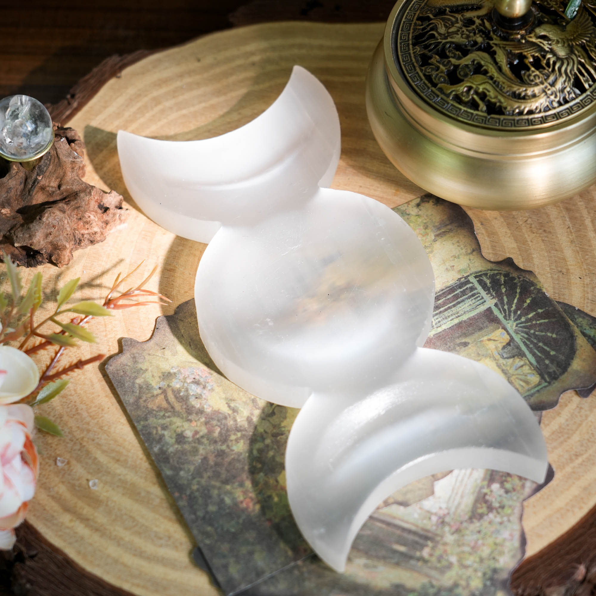 Selenite Triple Moon Charging Bowl - helmsman - crystal