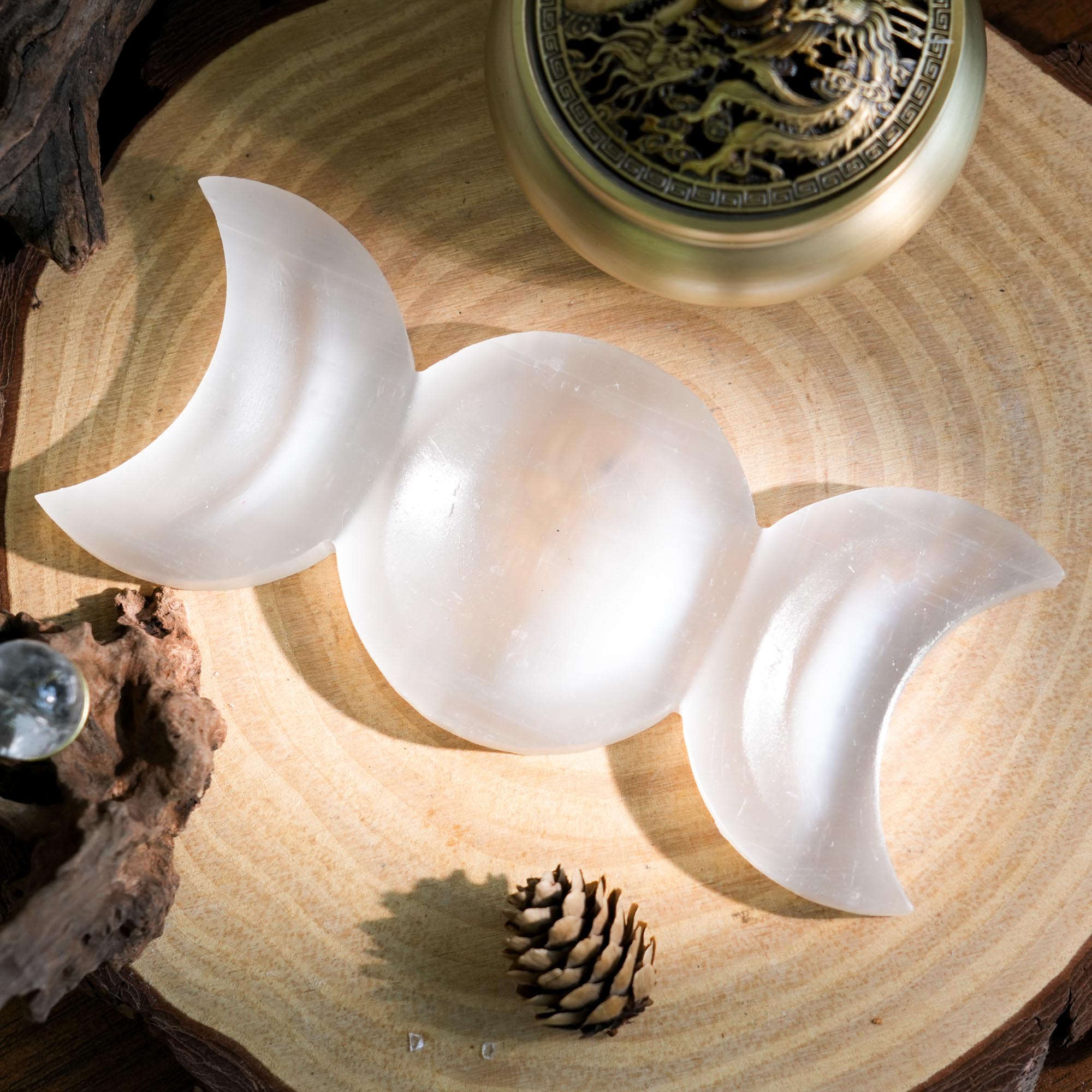 Selenite Triple Moon Charging Bowl - helmsman - crystal