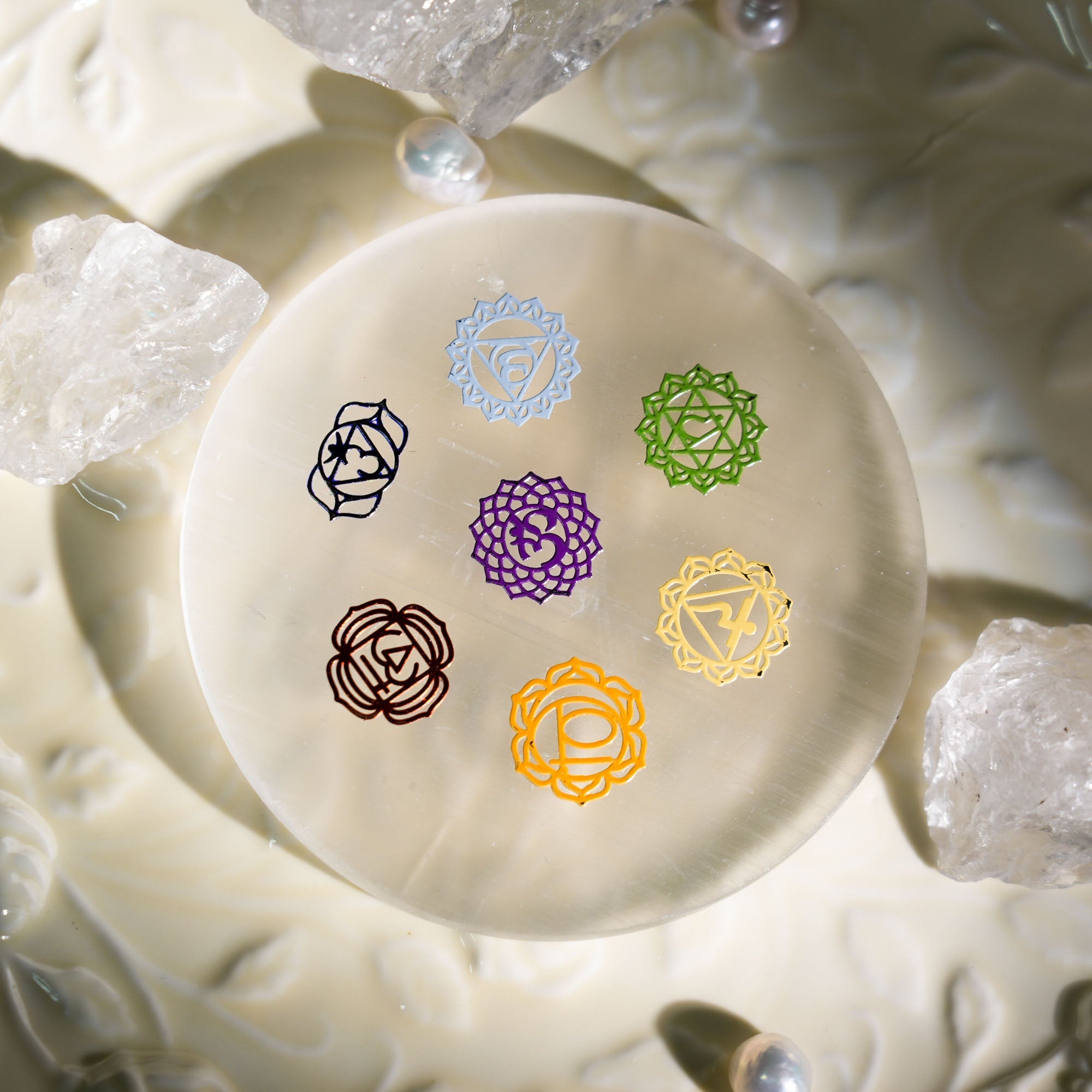 Seven Chakras Selenite Charging Plate - helmsman - crystal