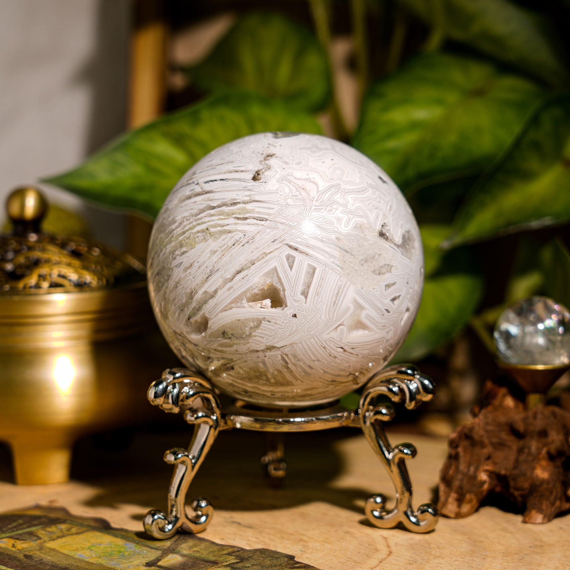 White Mexico Agate Sphere - helmsman - crystal