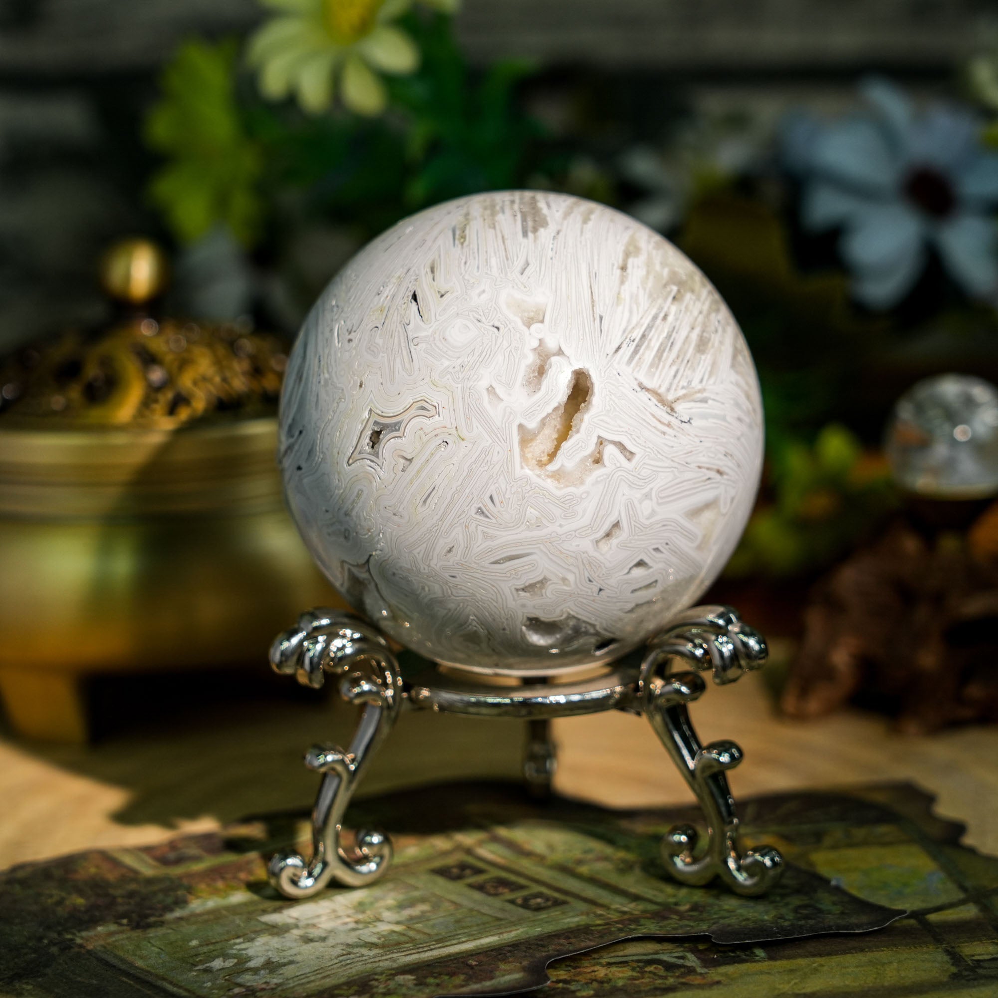 White Mexico Agate Sphere - helmsman - crystal